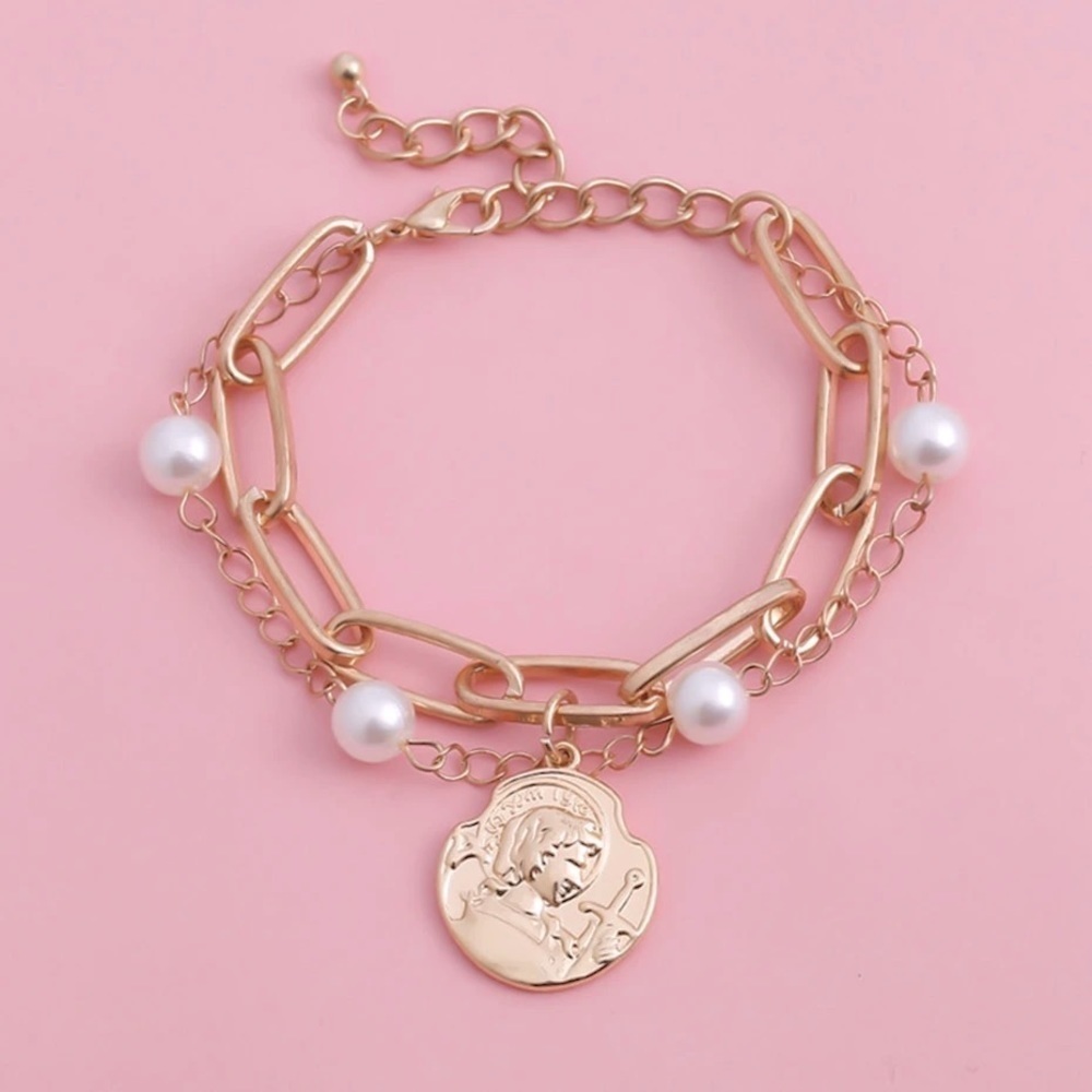 🆕 Emma Gold Toned Boho Chain Bracelet with Faux Pearls and Coin Charm